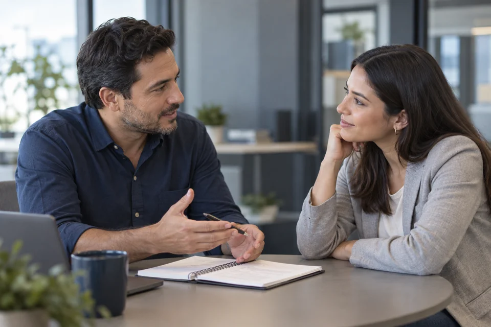Dos personas conversando y escuchándose durante una reunión.