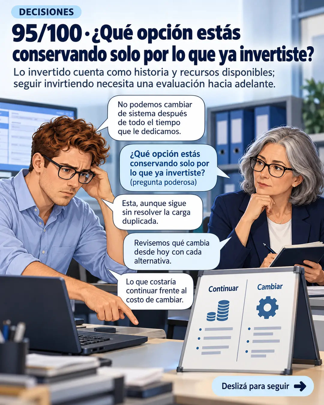 95/100 · ¿Qué opción estás conservando solo por lo que ya invertiste?