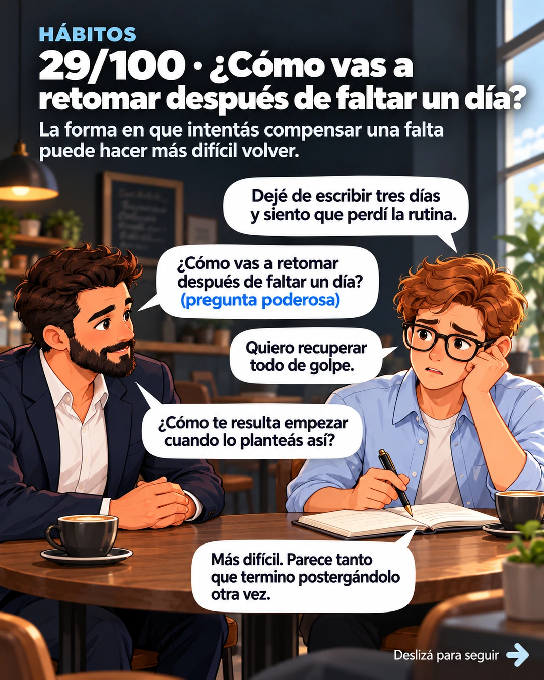 29/100 · ¿Cómo vas a retomar después de faltar un día?