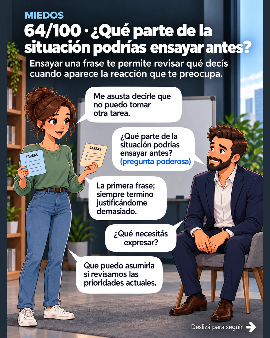 64/100 · ¿Qué parte de la situación podrías ensayar antes?
