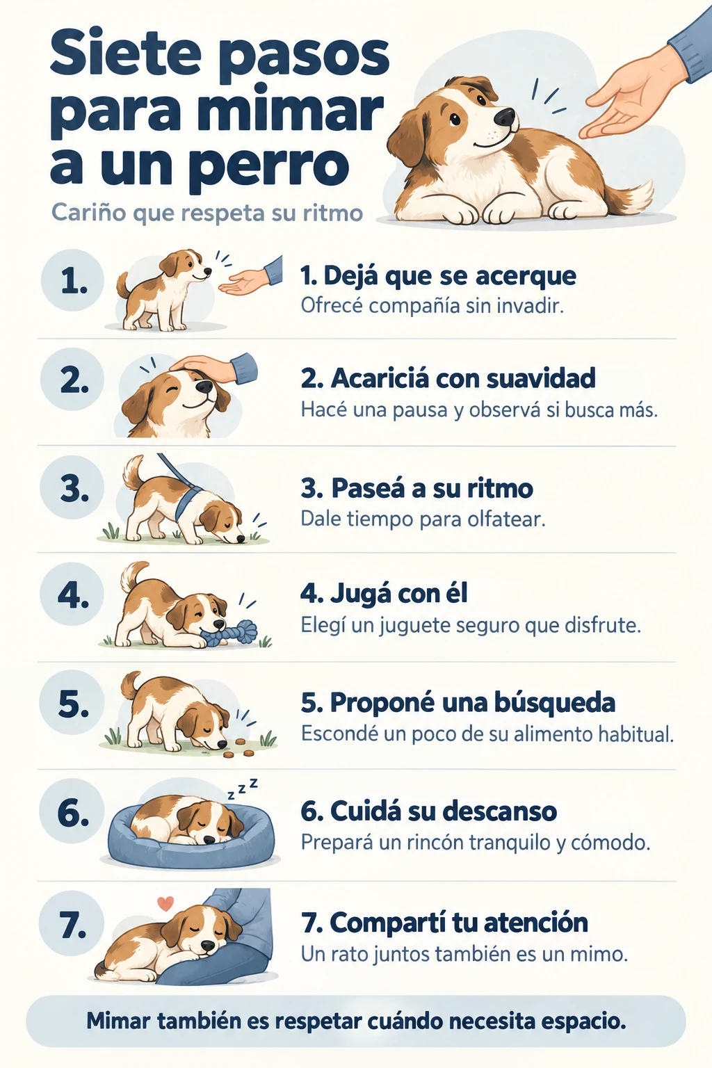 Infografía vertical con siete ideas para mimar a un perro: respetar su espacio, acariciar, pasear, jugar, buscar alimento, descansar y compartir atención.